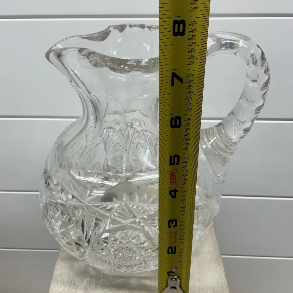 Vintage American Brilliant Style Cut Glass Pitcher Starburst Diamond Clear 8in